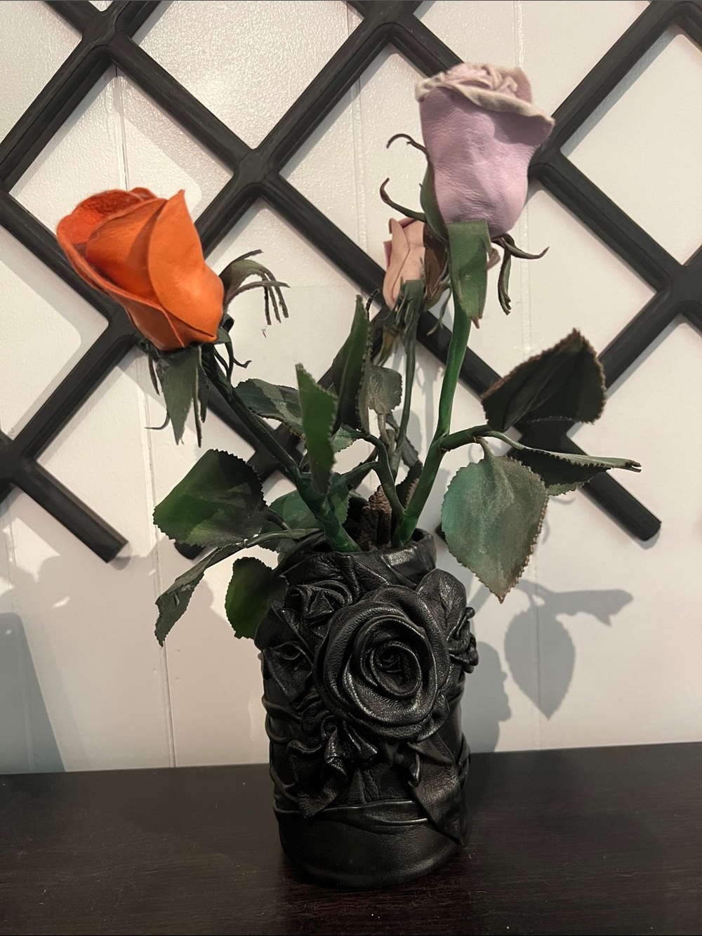 Faux Rose Arrangement in Black Faux Leather Decor Vase • Black, Orange • Gothic